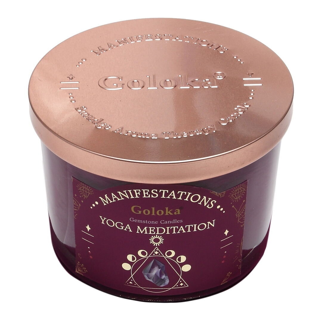 Goloka Manifestations Yoga Meditation - aromatinė žvakė su ametisto kristalais 1 Goloka Manifestations Yoga Meditation - aromatinė žvakė su ametisto kristalais 1